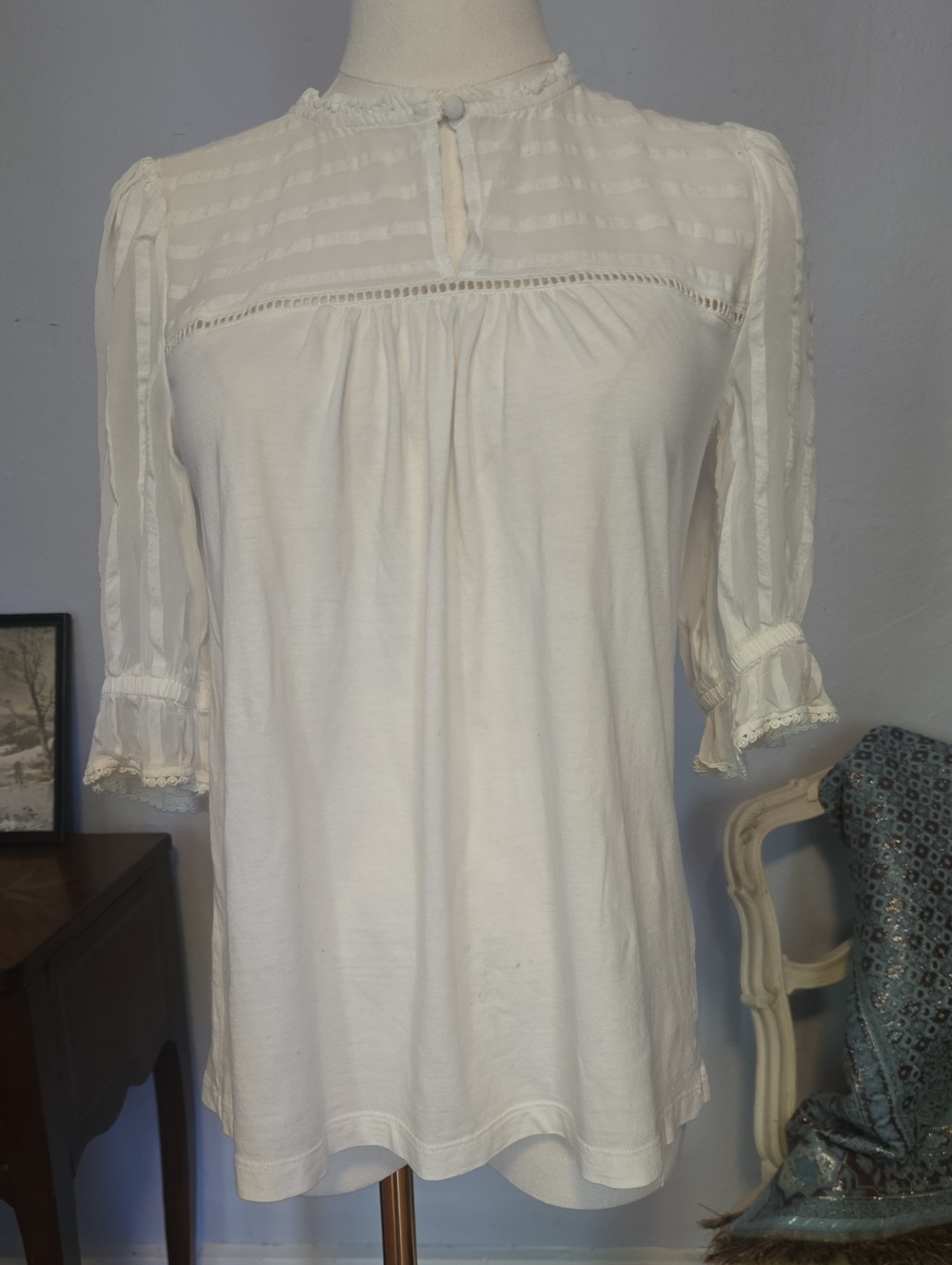 Fat Face Cream Lace-Ribbon Trim Peasant Blouse With Ruffle Details.